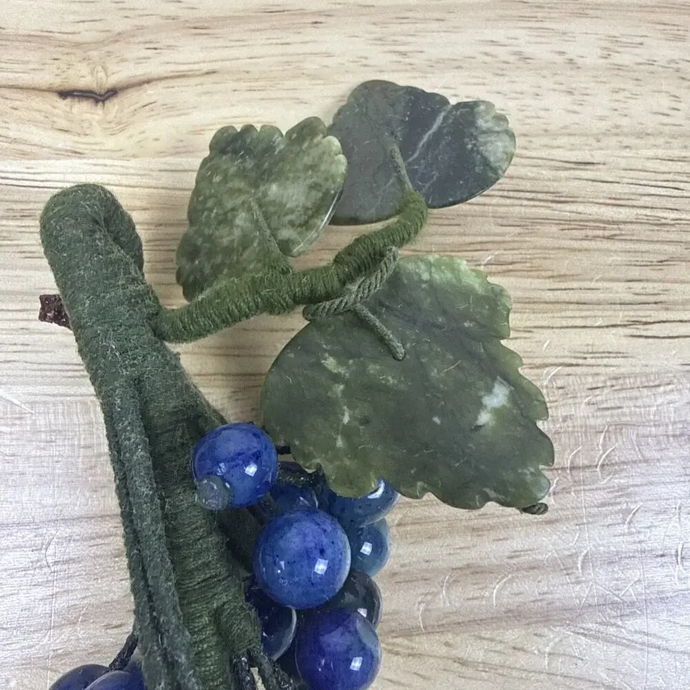 Vintage Set Of 2 Blue Agate Stone Grape Clusters With Jade Stone Leaves